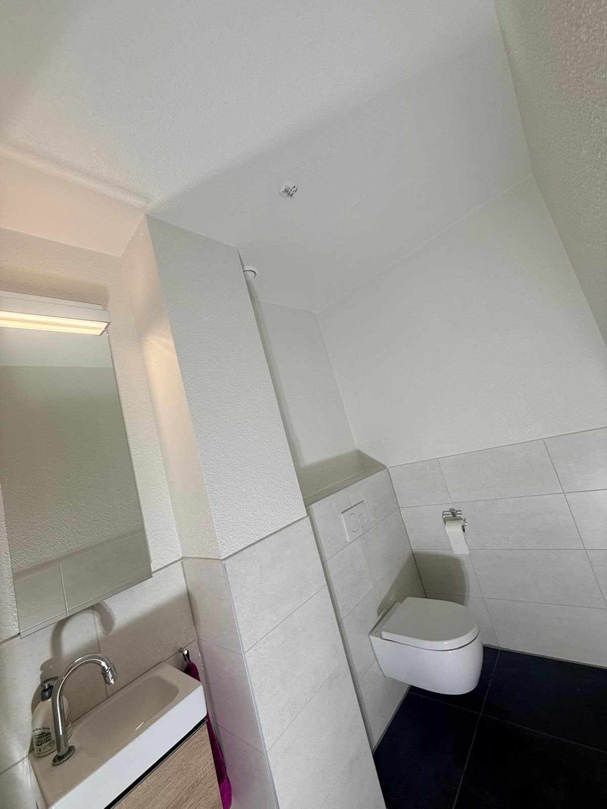 Toiletruimte met witte wanden boven de tegels en een hangend toilet