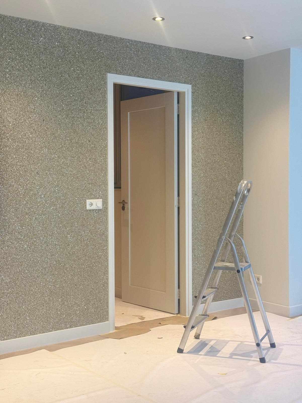 Kamer met grijze structuurwand en witte deur, trapladder klaar voor het werk